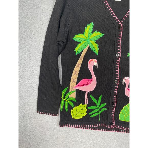 The Quacker Factory Black Cardigan Sweater with Flamingos Palm Trees Size S - Picture 10 of 11